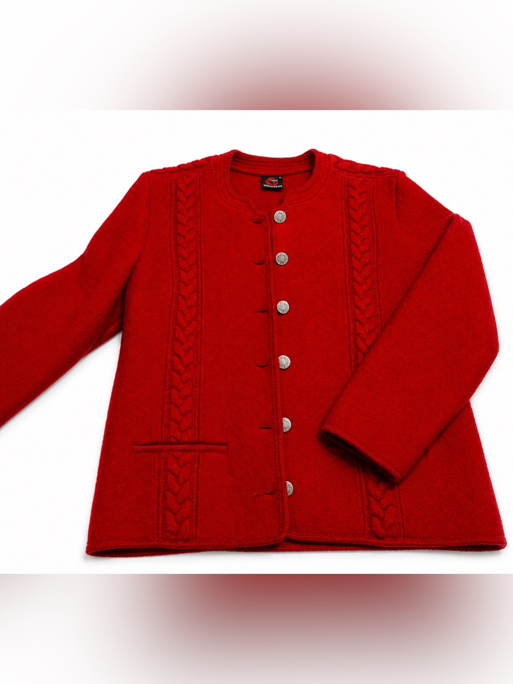 Giesswein Tirol Austria Pure Wool Red Boiled Wool Cardigan Jacket Size 42